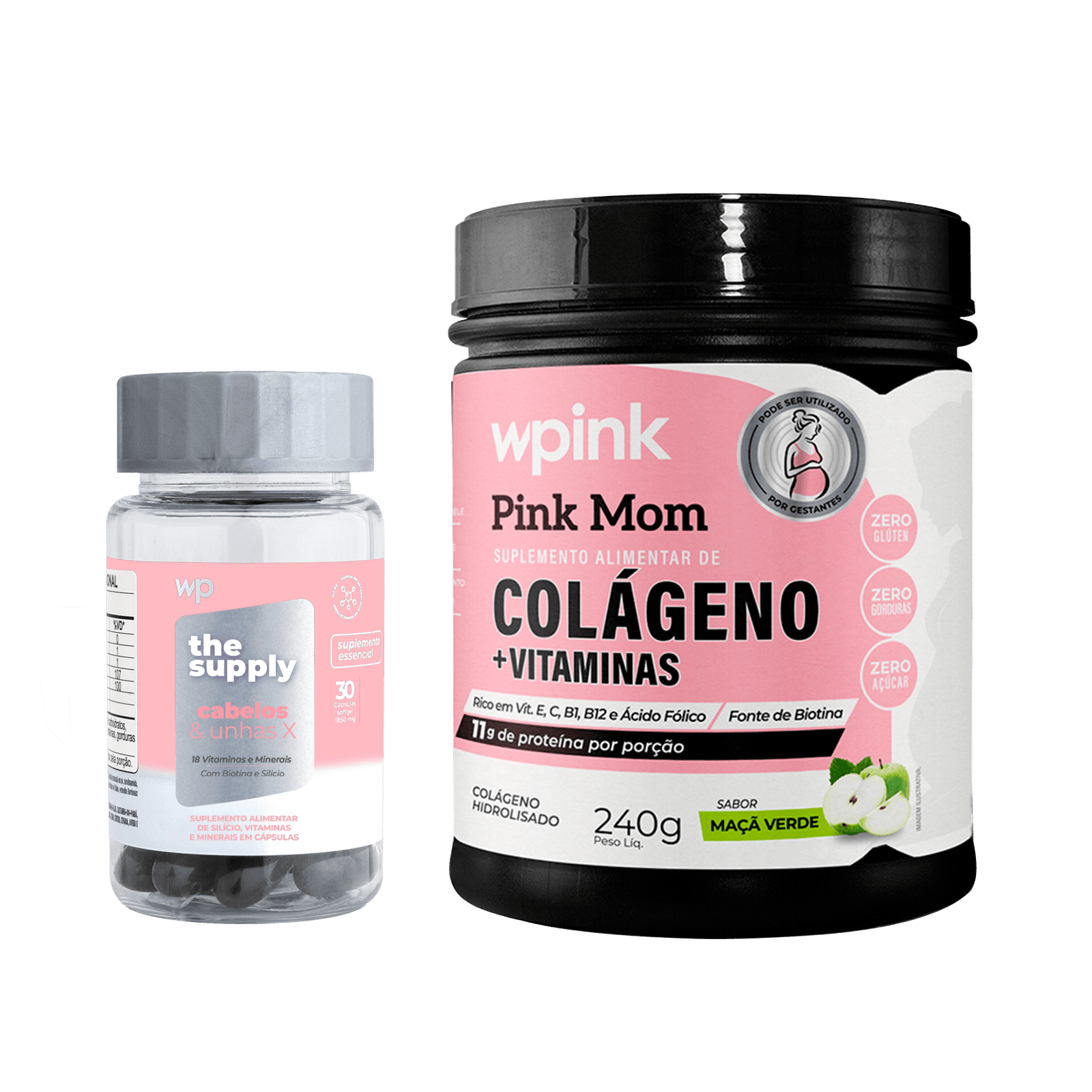 colágeno pink mom de maçã verde - 240g + cabelos e unhas x - wp