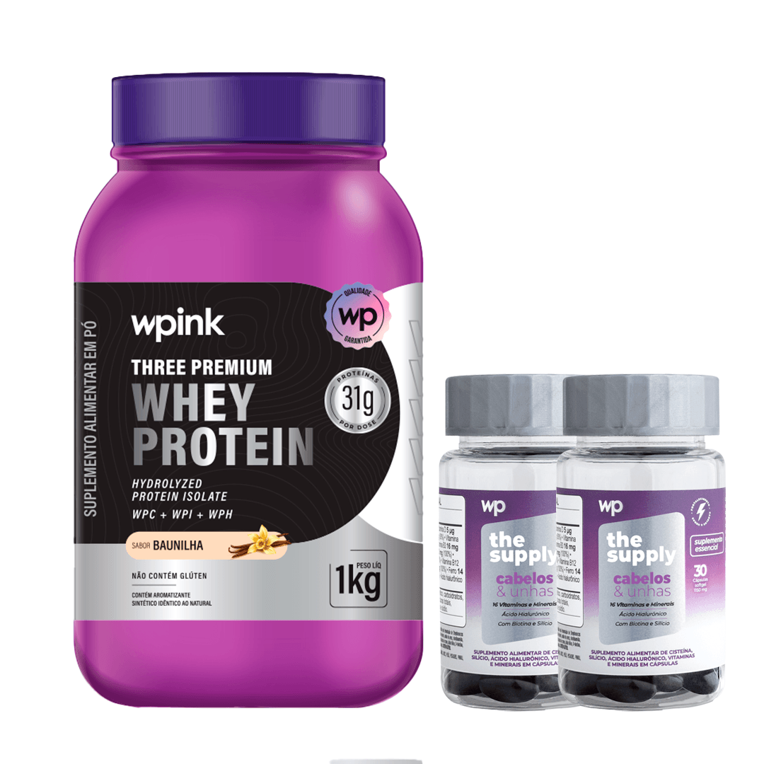three premium whey protein baunilha – 1 kg + 2 cabelos e unhas -wp
